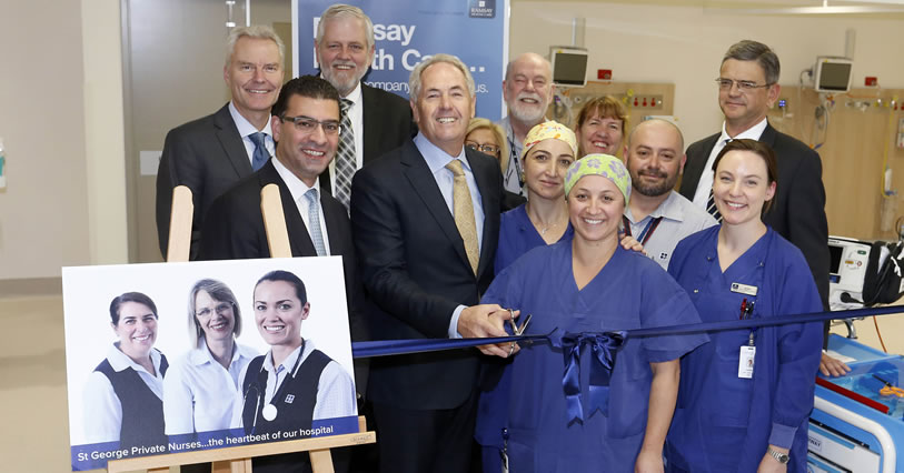 L to R Ramsay Health Care CEO Mr Christopher Rex; MP for Barton Mr Nickolas Varvaris; Ramsay Health Care Australia CEO Mr Danny Sims, Ramsay Health Care Chairman Mr Michael Siddle and far right St George Private CEO Mr Peter Ridley with staff at the opening